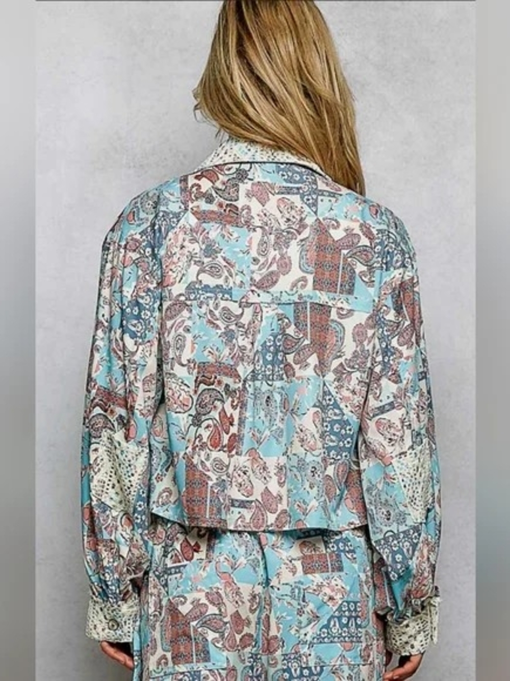 POL Paisley Patchwork Denim-Style Jacket in Light Blue & CreamNWOT - Picture 2 of 6